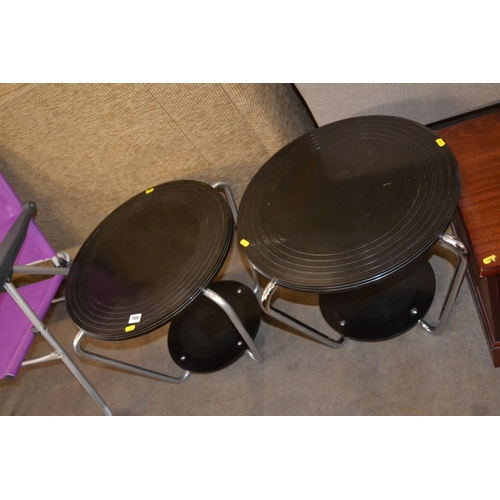 705 - PAIR OF RETRO CIRCULAR COFFEE TABLES WITH BAKELITE TOPS ON STAINLESS STEEL BASES