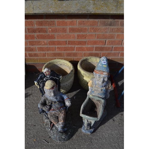 792 - 2 GARDEN GNOMES AND PAIR OF PLANTERS