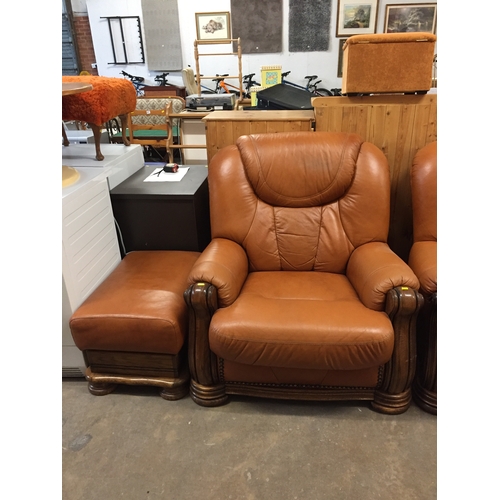 635 - SHRANK TAN LEATHER AND OAK 2 SEATER SETTEE, 2 ARMCHAIRS AND STOOL