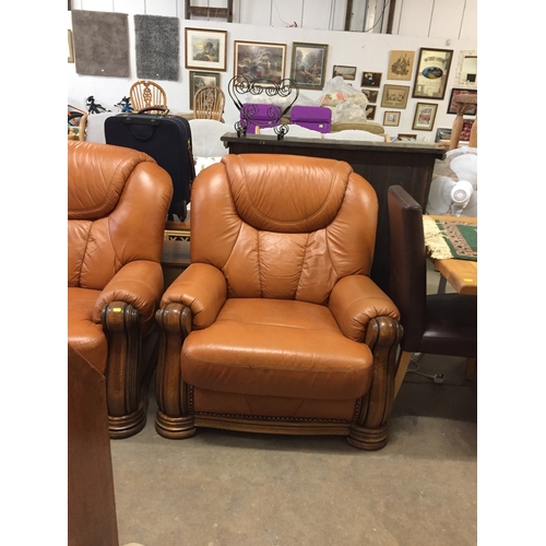 635 - SHRANK TAN LEATHER AND OAK 2 SEATER SETTEE, 2 ARMCHAIRS AND STOOL