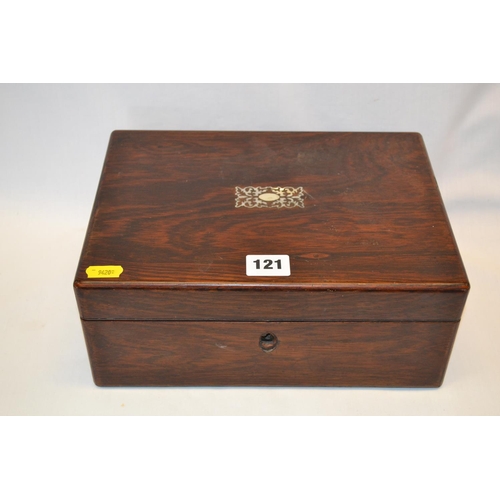 121 - 19TH CENTURY ROSEWOOD INLAID MOTHER-OF-PEARL WORKBOX FITTED WITH SECTIONED TRAY