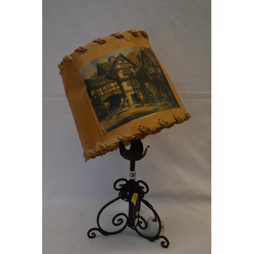 132 - VINTAGE WROUGHT IRON TABLE LAMP WITH SHADE DECORATED 