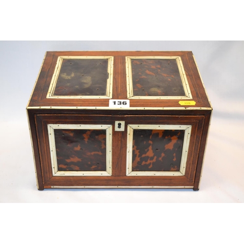 136 - REGENCY WALNUT TORTOISESHELL AND BONE TRAVEL BOX FITTED 8 VARIOUS SIZED DRAWERS, FALL FRONT, BRASS C... 