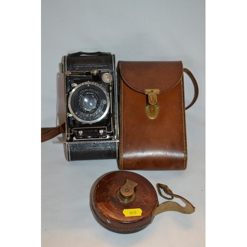 151 - RABONE AND SONS LEATHER TAPE MEASURE (33 FT) AND ZEISS IKON FOLDING CAMERA AND CASE