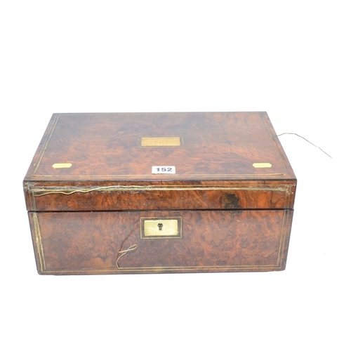 152 - 19TH CENTURY WALNUT AND BRASS INLAID WRITING SLOPE WITH FITTED INTERIOR (BRSS INLAY A/F)