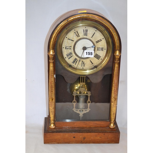 155 - VICTORIAN WALNUT DOME TOP MANTLE CLOCK WITH GILDED PILLARS