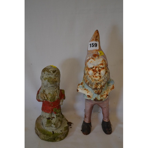 159 - VINTAGE CONTINENTAL CAST IRON GARDEN GNOME AND STONEWARE GNOME