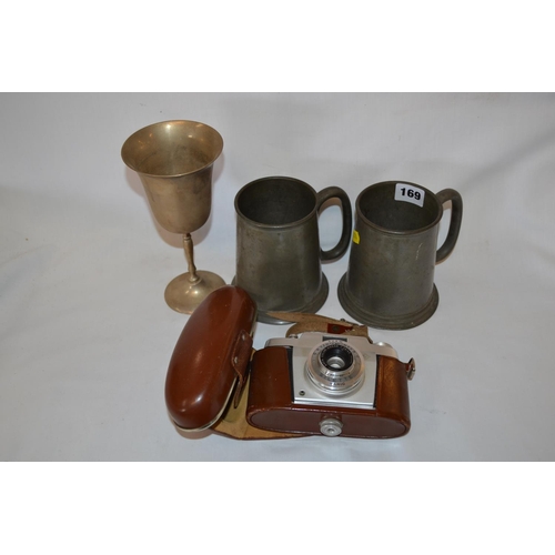 169 - AGFA SILETTE VARIO CAMERA, 2 PEWTER TANKARDS AND STAINLESS STEEL GOBLET