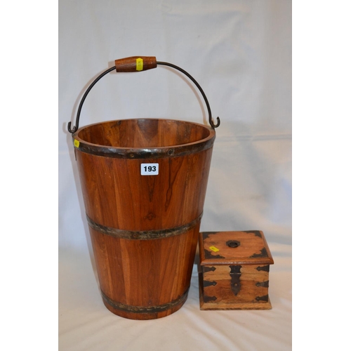 193 - WALNUT METAL BOUND BUCKET AND SMALL BOX