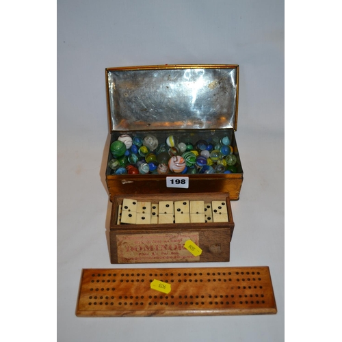 198 - QUANTITY OF OLD MARBLES, SET OF DOMINOES AND CRIB BOARD