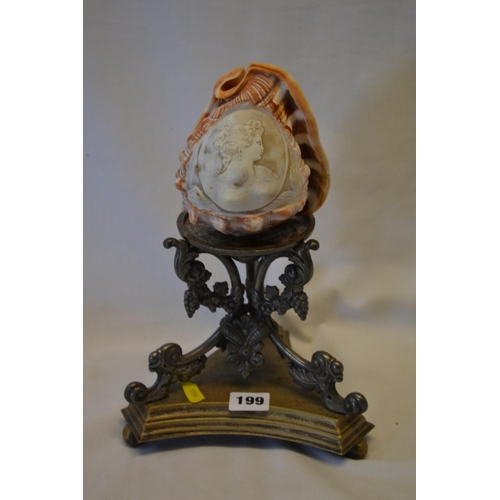 199 - VINTAGE ITALIAN CARVED CONCH SHELL SHADE WITH CARVED CAMEO BUST OF LADY, ON IRON STAND WITH GRAPE AN... 