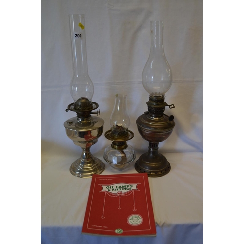 200 - 3 VARIOUS OIL LAMPS AND 1976 COPY OF 1933 CATALOGUE OF OIL LAMPS AND FITTINGS BY FALK STADELMANN & C... 