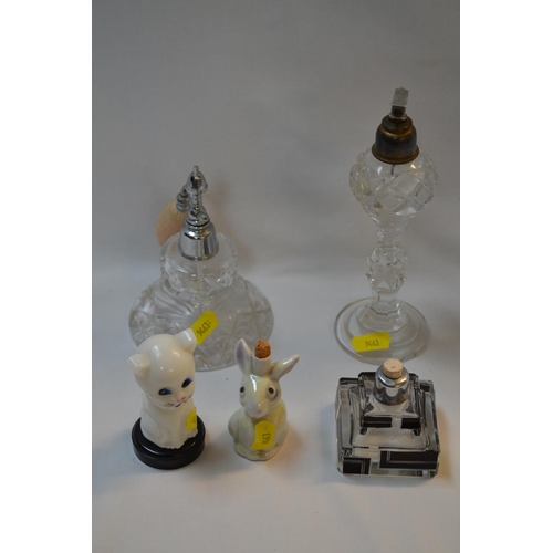 26 - 2 CERAMIC PERFUME FLASKS IN FORM OF RABBIT AND CAT, ART DECO GLASS FLASK AND 2 CUT GLASS ATOMISERS