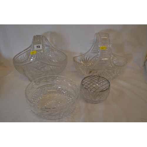 72 - 2 CUT GLASS BASKETS, FRUIT BOWL AND ROSE BOWL