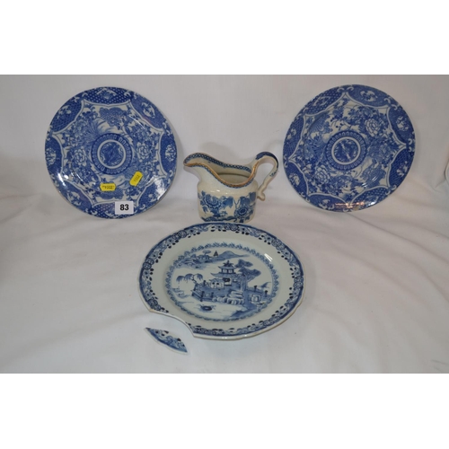 83 - PAIR OF BLUE AND WHITE CHINESE PLATES (21CM), ONE BLUE AND WHITE CHINESE PLATE (A/F) (23CM) AND 19TH... 