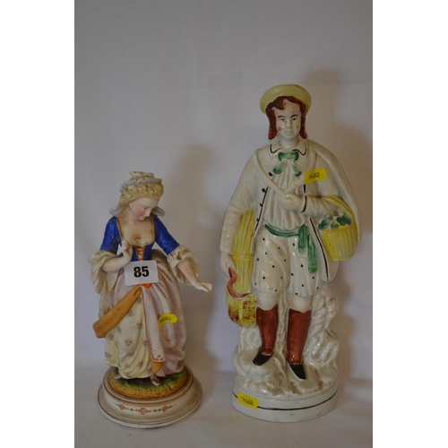 85 - 19TH CENTURY STAFFORDSHIRE FLAT BACK FIGURE OF FARMER (33.5CM) AND PORCELAIN FIGURE OF LADY (25CM)