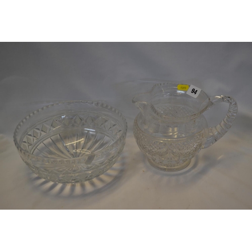 94 - CIRCULAR CUT GLASS FRUIT BOWL AND WATER JUG