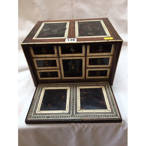 136 - REGENCY WALNUT TORTOISESHELL AND BONE TRAVEL BOX FITTED 8 VARIOUS SIZED DRAWERS, FALL FRONT, BRASS C... 