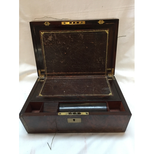 152 - 19TH CENTURY WALNUT AND BRASS INLAID WRITING SLOPE WITH FITTED INTERIOR (BRSS INLAY A/F)