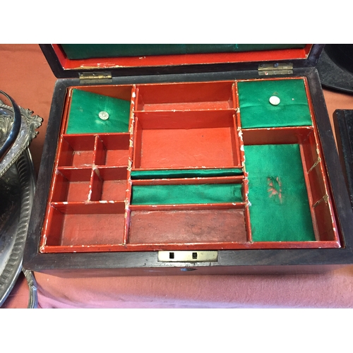 121 - 19TH CENTURY ROSEWOOD INLAID MOTHER-OF-PEARL WORKBOX FITTED WITH SECTIONED TRAY