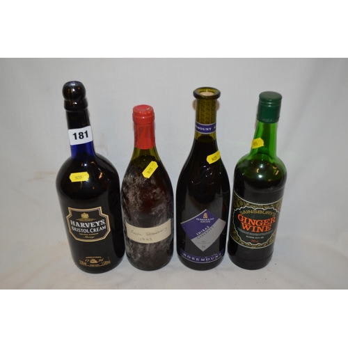 181 - 1 BOTTLE HARVEYS BRISTOL CREAM, 1 BOTTLE ROSEMOUNT SHIRAZ, 1 BOTTLE FRESH STRAWBERRY 1993 HOMEMADE W... 