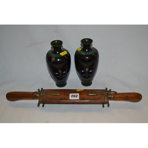 262 - PAIR OF JAPANESE CLOISONNE VASES (A/F) AND INIDIAN TEAK COMBINATION CARVING SET