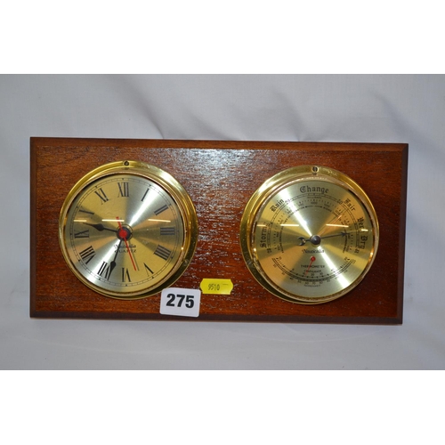 275 - REPRODUCTION BULK HEAD CLOCK AND BAROMETER ON PLINTH