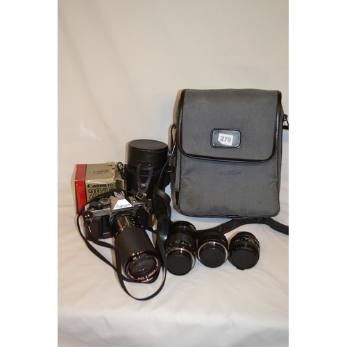 279 - CANON AE-1 PROGRAM CAMERA WITH 4 LENSES, BAG, ETC