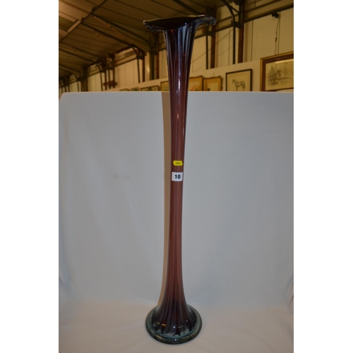 10 - RETRO TALL AMETHYST JACK IN THE PULPIT GLASS VASE WITH MARBLED UNDER RIM AND BASE (80CM)