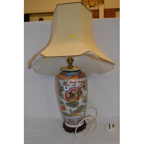 28 - MODERN ORIENTAL PORCELAIN TABLE LAMP DECORATED BIRDS AND PLANTS WITH SHADE (LAMP BASE 40CM)