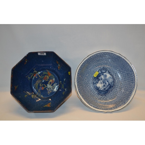 34 - BURSLEY WARE OCTAGONAL BLUE GROUND FRUIT BOWL HAND PAINTED BIRDS AND FRUIT (23CM DIAMETER) AND DECOR... 