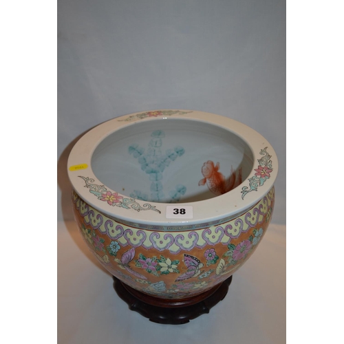 38 - RICHLY DECORATED CHINESE JARDINIERE ON STAND