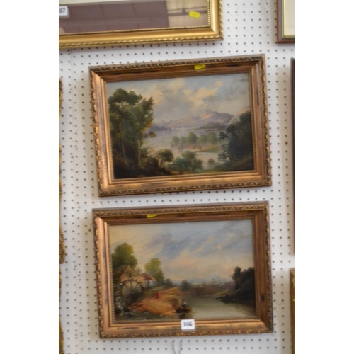 396 - PAIR OF 19TH CENTURY OIL PAINTINGS ON BOARD, RIVER AND MOUNTAIN LAKE SCENES, E. CORVAN