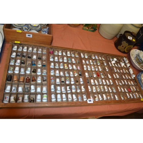 50 - COLLECTION OF 205 CHINA AND METAL THIMBLES DISPLAYED IN OLD PRINTING TRAY