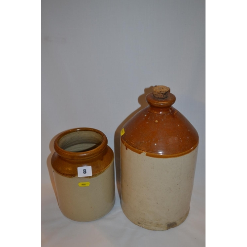 8 - STONEWARE 2 TONE BOTTLE AND JAR