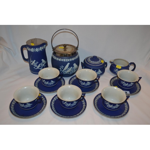 9 - SET OF SIX WEDGWOOD BLUE AND WHITE JASPERWARE TEACUPS AND SAUCERS, CREAM JUG, SUGAR BOWL, HOT WATER ... 