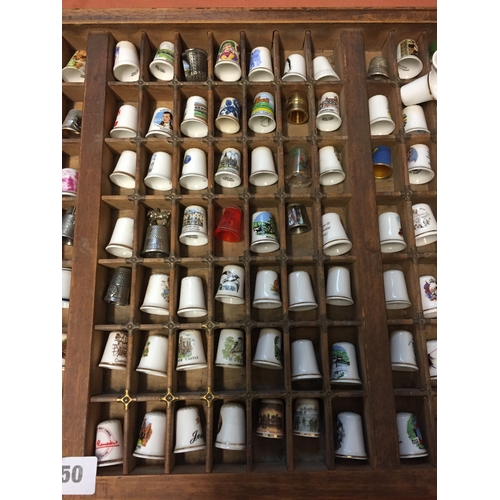 50 - COLLECTION OF 205 CHINA AND METAL THIMBLES DISPLAYED IN OLD PRINTING TRAY