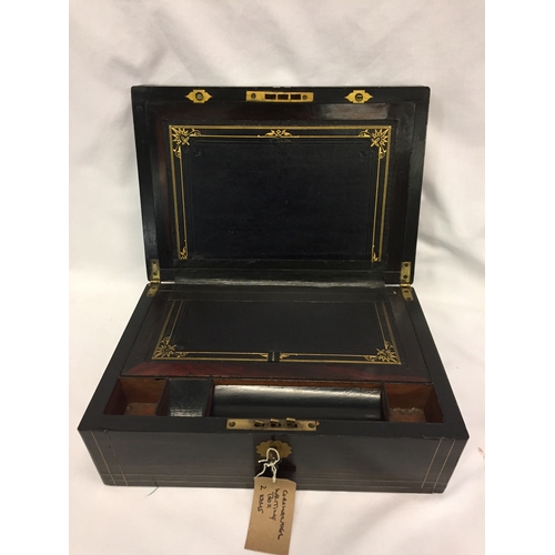 122 - 19TH CENTURY COROMANDEL INLAID BRASS WRITING SLOPE WITH 2 KEYS