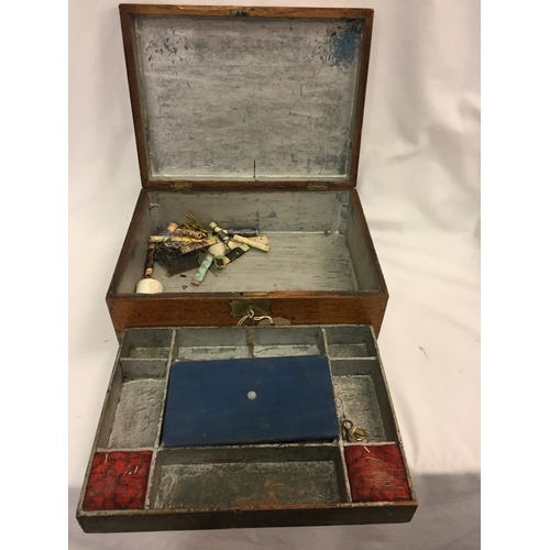 209 - 19TH CENTURY MAHOGANY WORKBOX FITTED TRAY