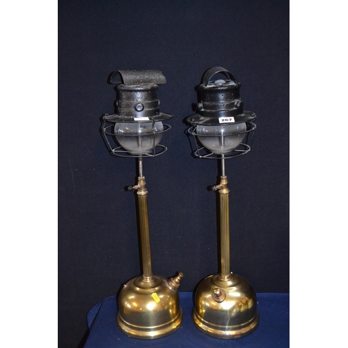 267 - PAIR OF TILLEY BRASS PRESSURE LAMPS WITH BRASS FLUTED COLUMNS, DOMED BASES