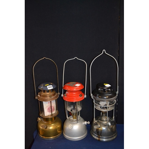 268 - VAPALUX BRASS HURRICANE LAMP, TILLEY HURRICANE LAMP AND 1 OTHER