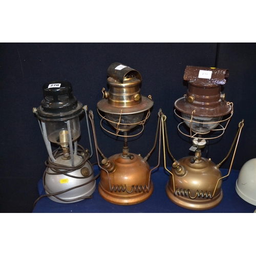 270 - PRESSURE LAMP (CONVERTED TO ELECTRIC) AND 2 OTHER HURRICANE LAMPS