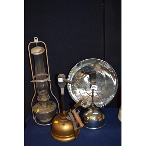 284 - PRESSURE RADIATOR HEATER, HANGING OIL LAMP AND PRESSURE LAMP