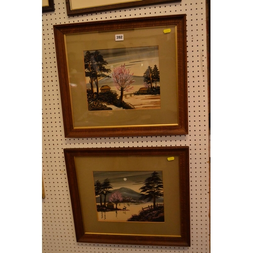 392 - PAIR OF JAPANESE OIL PAINTINGS LANDSCAPES IN OAK FRAMES