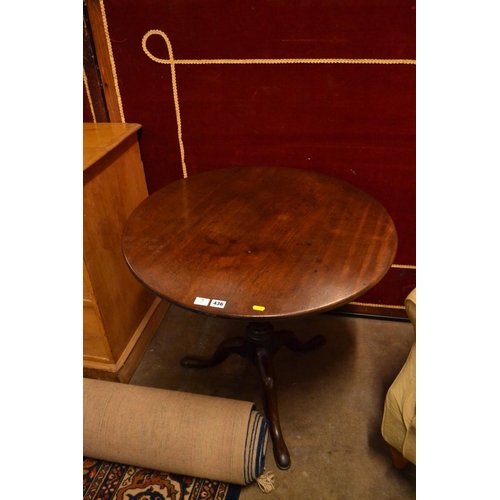 436 - GEORGIAN CIRCULAR MAHOGANY TILT TOP WINE TABLE ON TURNED COLUMN AND TRIPOD BASE 69CM DIAMETER X 75CM... 