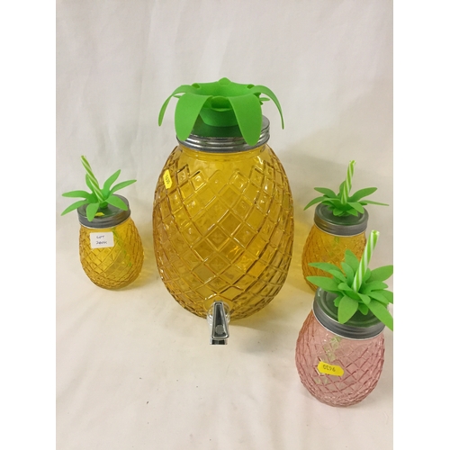 RETRO GLASS AND METAL PINEAPPLE DRINKS DISPENSER AND 3 GLASSES