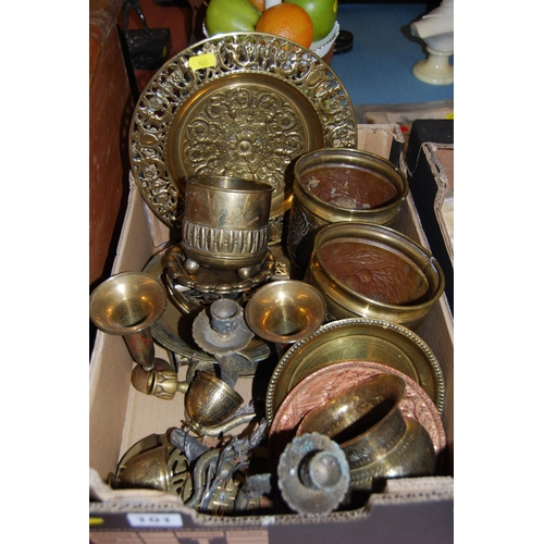 101 - QUANTITY OF BRASS AND COPPER WARE INCLUDING PAIR OF INDIAN BONARIES WARE COBRA CANDLESTICKS