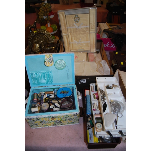 103 - 2 SEWING BOXES AND ACCESSORIES, ETC