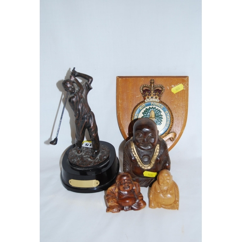 115 - MODERN FIGURE OF GOLFER, 3 BUDDHA'S AND RAF COSFORD SHIELD