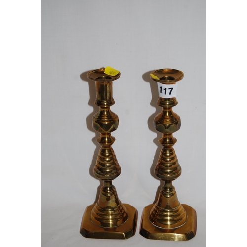 117 - PAIR OF 19TH CENTURY BRASS CANDLESTICKS (26CM)